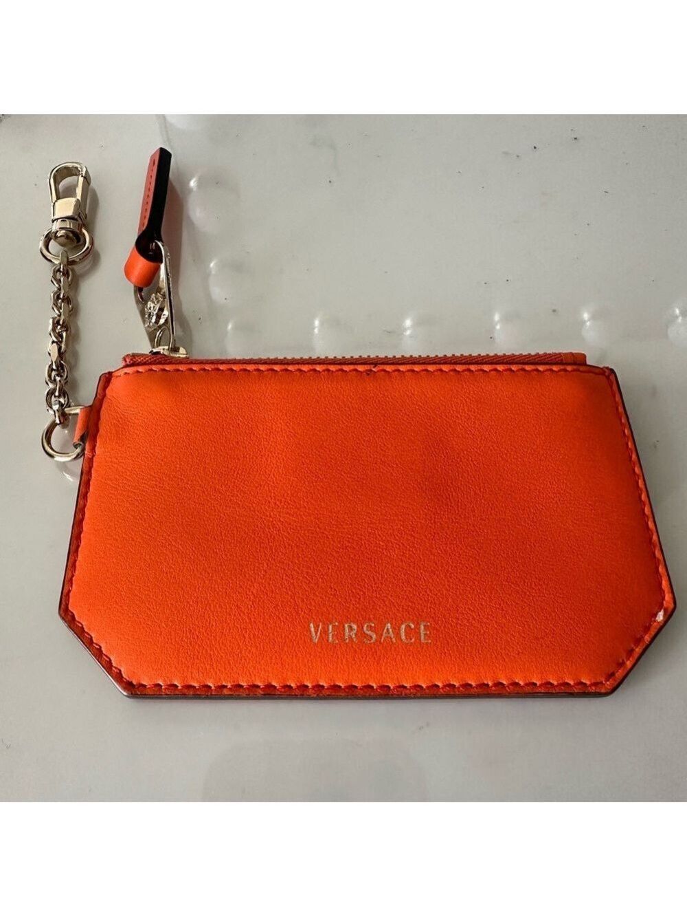 Versace Orange Leather Zip Card Case with Gold Chain